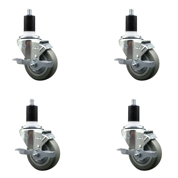 Service Caster 3.5'' SS Gray Poly Swivel 1-1/2'' Expanding Stem Caster Set with Brake, 4PK SCC-SSEX20S3514-PPUB-TLB-112-4 - main